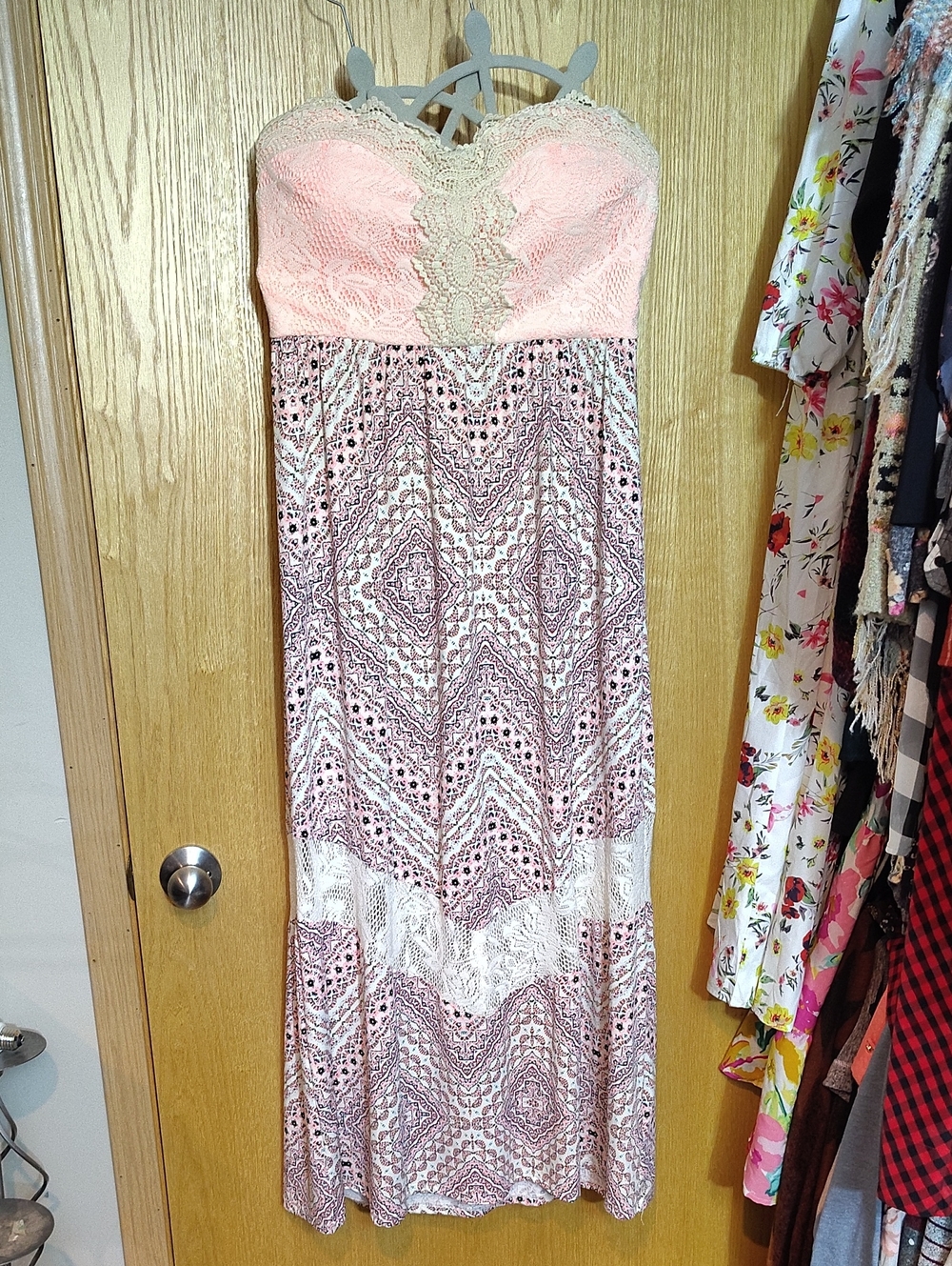 Vanity Strapless Pink Lace Bodice Printed Maxi Dress